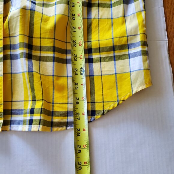 Lauren Ralph Lauren Yellow Blue Plaid Roll Tab Sleeve Button Up Blouse Large - Picture 12 of 14